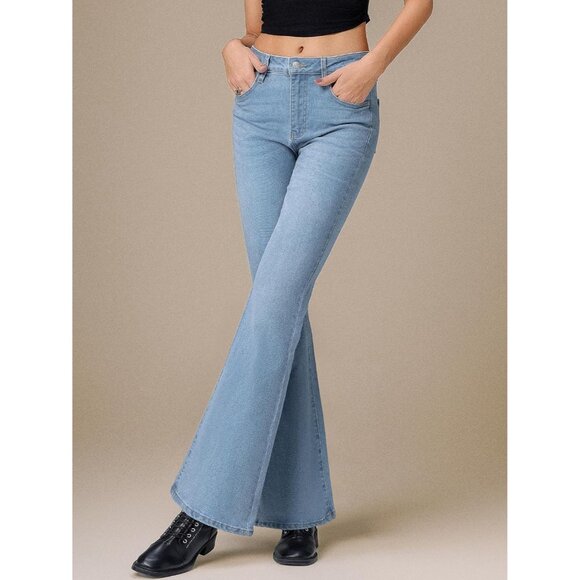 Women Flared Jeans High Waist Stretch Denim Y2K Vintage Distressed Casual - Picture 4 of 8